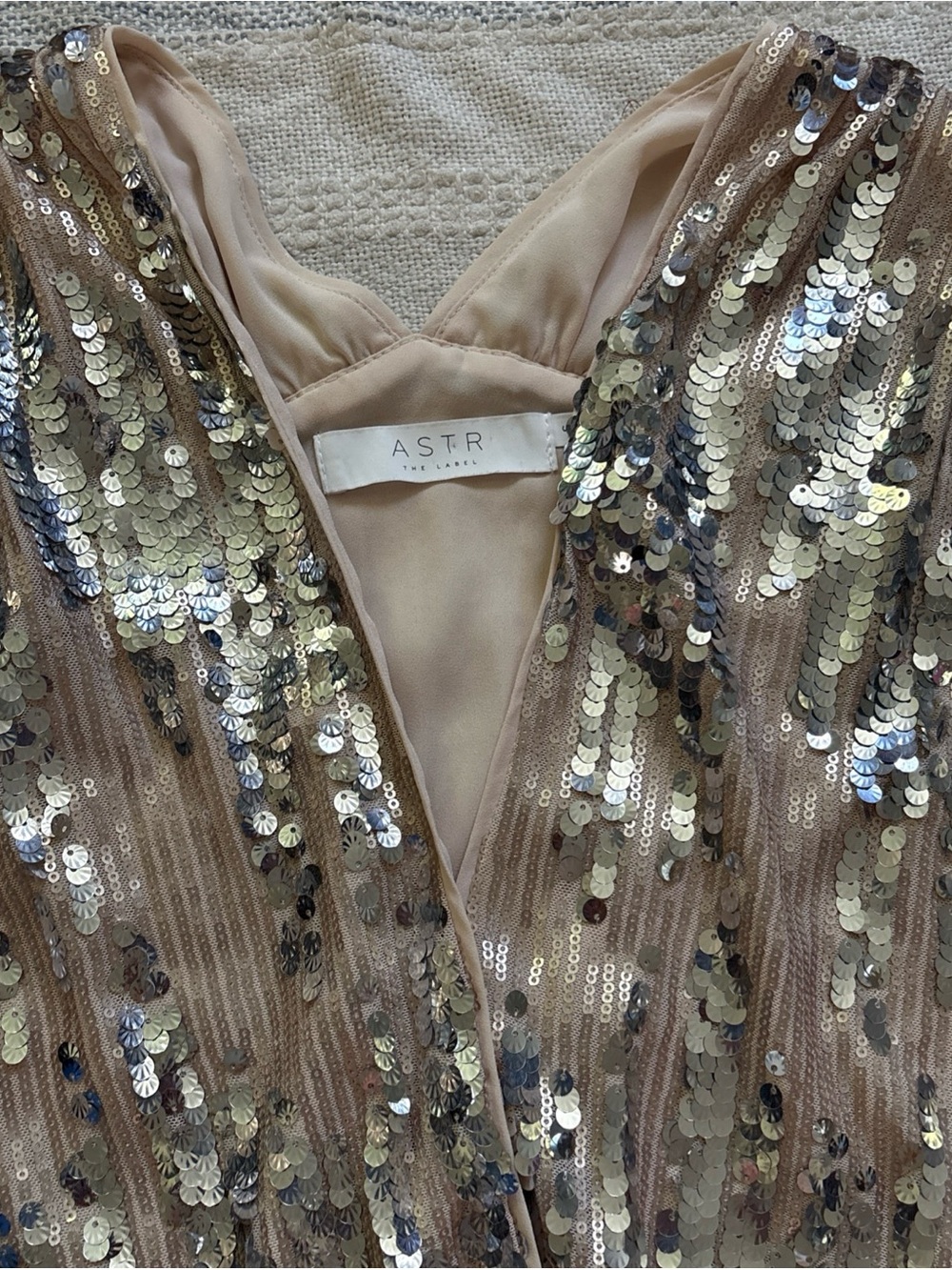 Astr Gold Sequin Nude-Base Plunging Bodysuit - Picture 2 of 10
